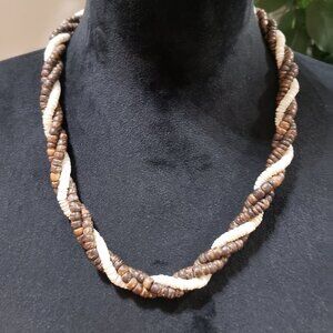 Womens Fashion Wooden & Glass Beaded Braided Collar Necklace with Magnetic Clasp